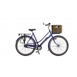 Hirondelle Premium avec cadre bleu nuit, rétroviseur vintage et malle en rotin sur porte-bagage avant Pick-Up