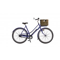 Hirondelle Premium avec cadre bleu nuit, rétroviseur vintage et malle en rotin sur porte-bagage avant Pick-Up