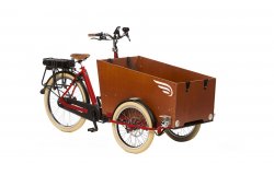 Triporteur Bakfiets Confort électrique STEPS avec cadre rouge et batterie dans le porte-bagage arrière