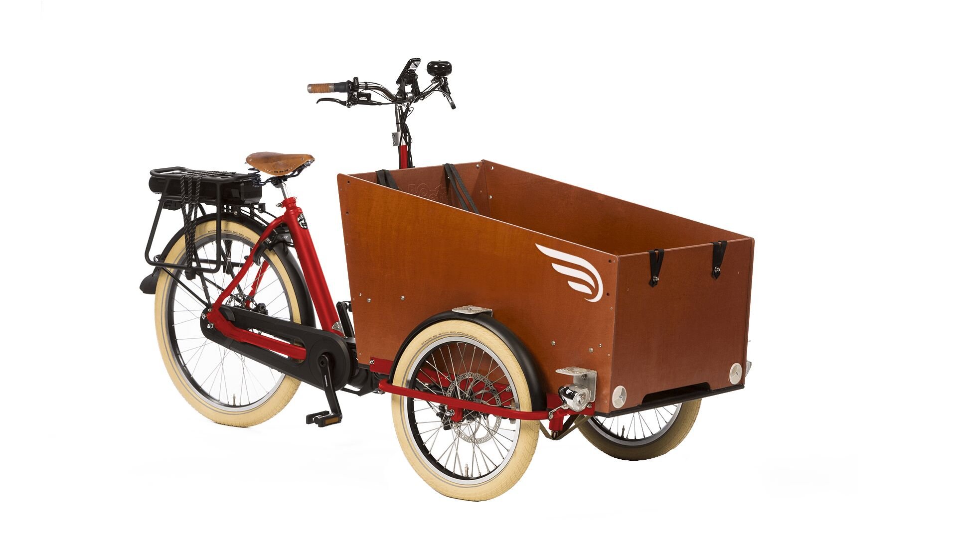 Triporteur Bakfiets Confort électrique STEPS avec cadre rouge et batterie dans le porte-bagage arrière