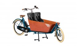 Biporteur Bakfiets Confort STEPS avec cadre bleu pétrole et deux sièges coques dans le coffre