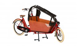 Biporteur Bakfiets Confort STEPS avec cadre rouge et protection pluie noire