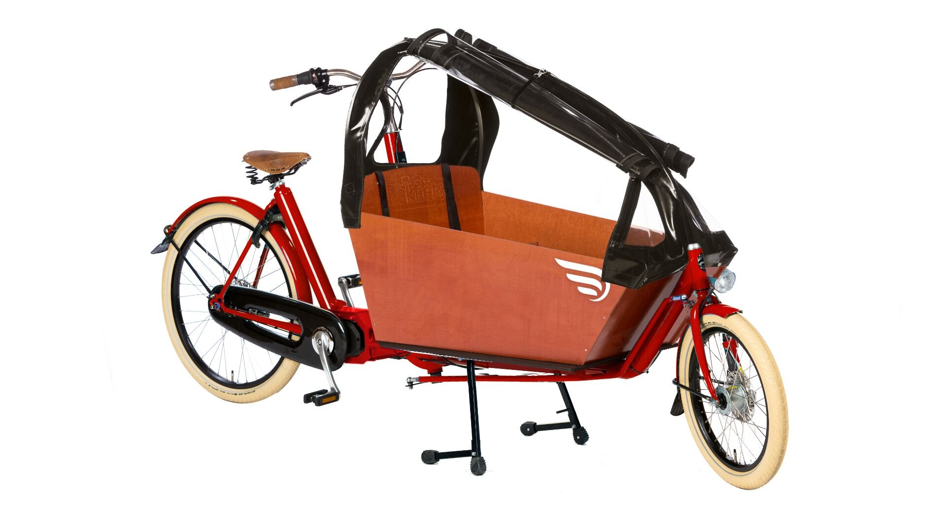 Biporteur Bakfiets Confort STEPS avec cadre rouge et protection pluie noire