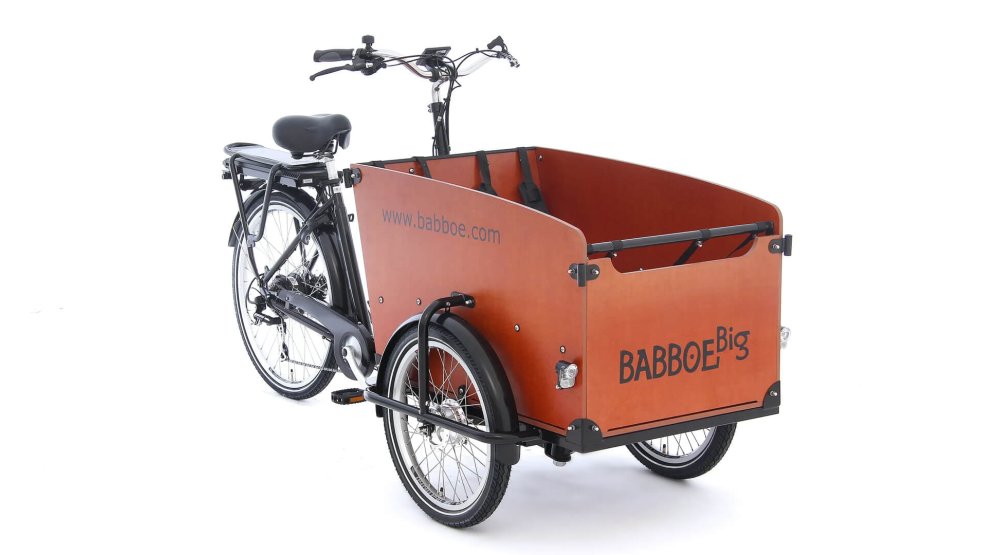 Triporteur électrique Babboe Big-E avec coffre couleur bois naturel