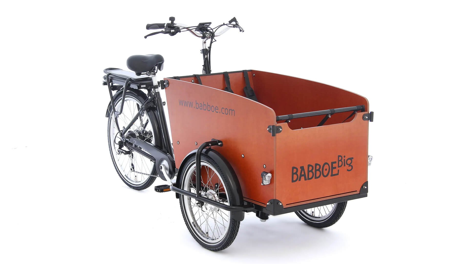 Triporteur électrique Babboe Big-E avec coffre couleur bois naturel