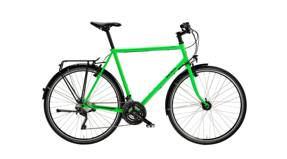 Modèle Helios avec cadre Diamant vert brillant, boîte XT 30 vitesses et système d'éclairage SON Edelux II