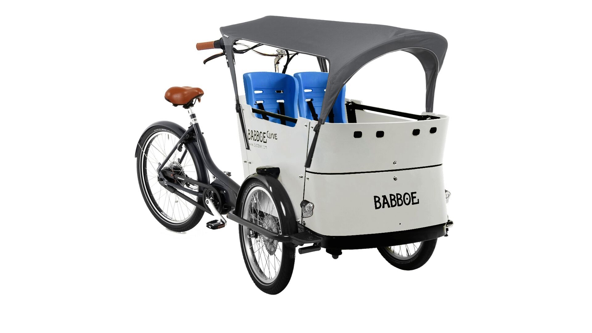 Triporteur Babboe Curve Mountain avec coffre blanc, sièges coques et tente solaire