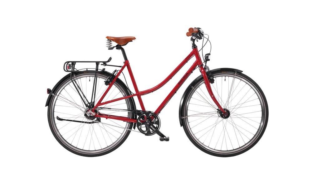 Ranger 28" avec cadre Curve Cross rouge rubis, selle Brooks B67 miel, poignées cuir, freins Magura HS22 et boîte Alfine 11