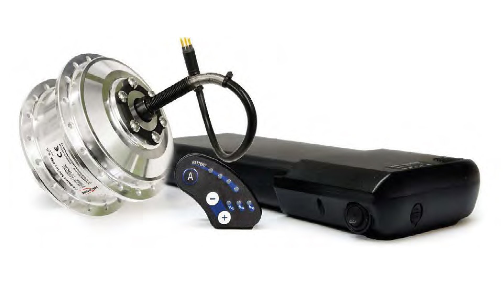 Les éléments de l'assistance électrique Ansmann : le moteur, la batterie et la console 