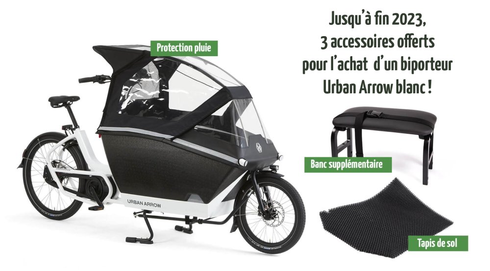 Biporteur Urban Arrow Family blanc motorisation Cargo Line avec accessoires offerts