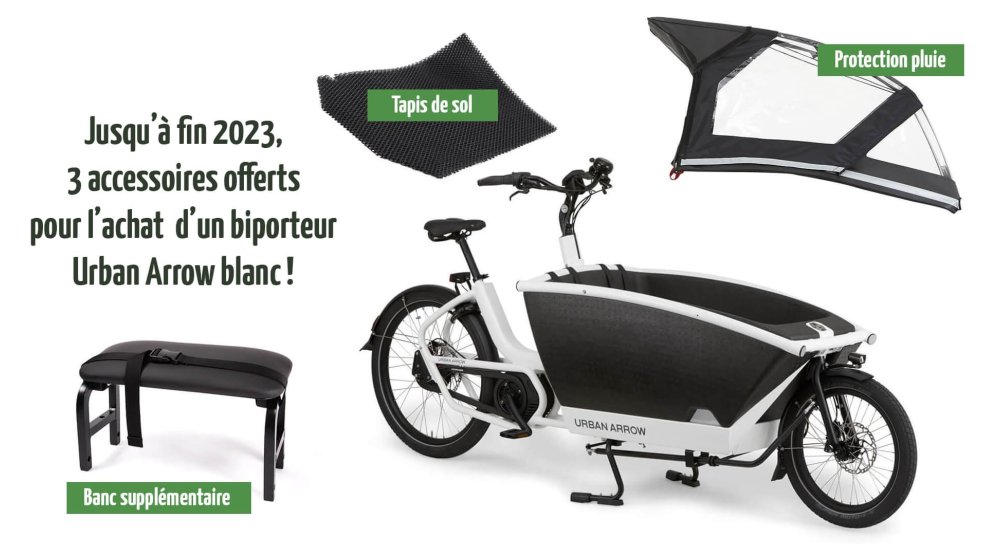 Biporteur Urban Arrow Family blanc motorisation Performance Plus avec accessoires offerts