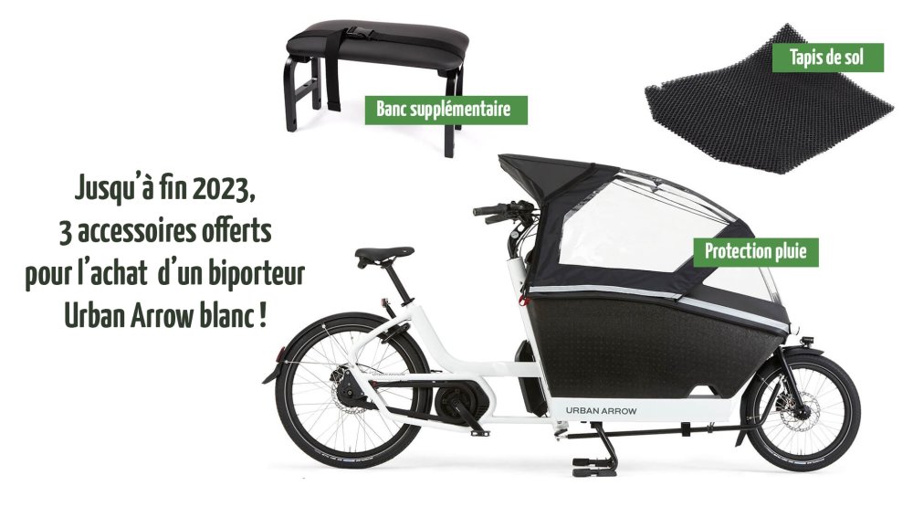 Biporteur Urban Arrow Family blanc motorisation Active Plus avec accessoires offerts Biporteur Urban Arrow Family blanc motorisation Active Plus avec accessoires offerts