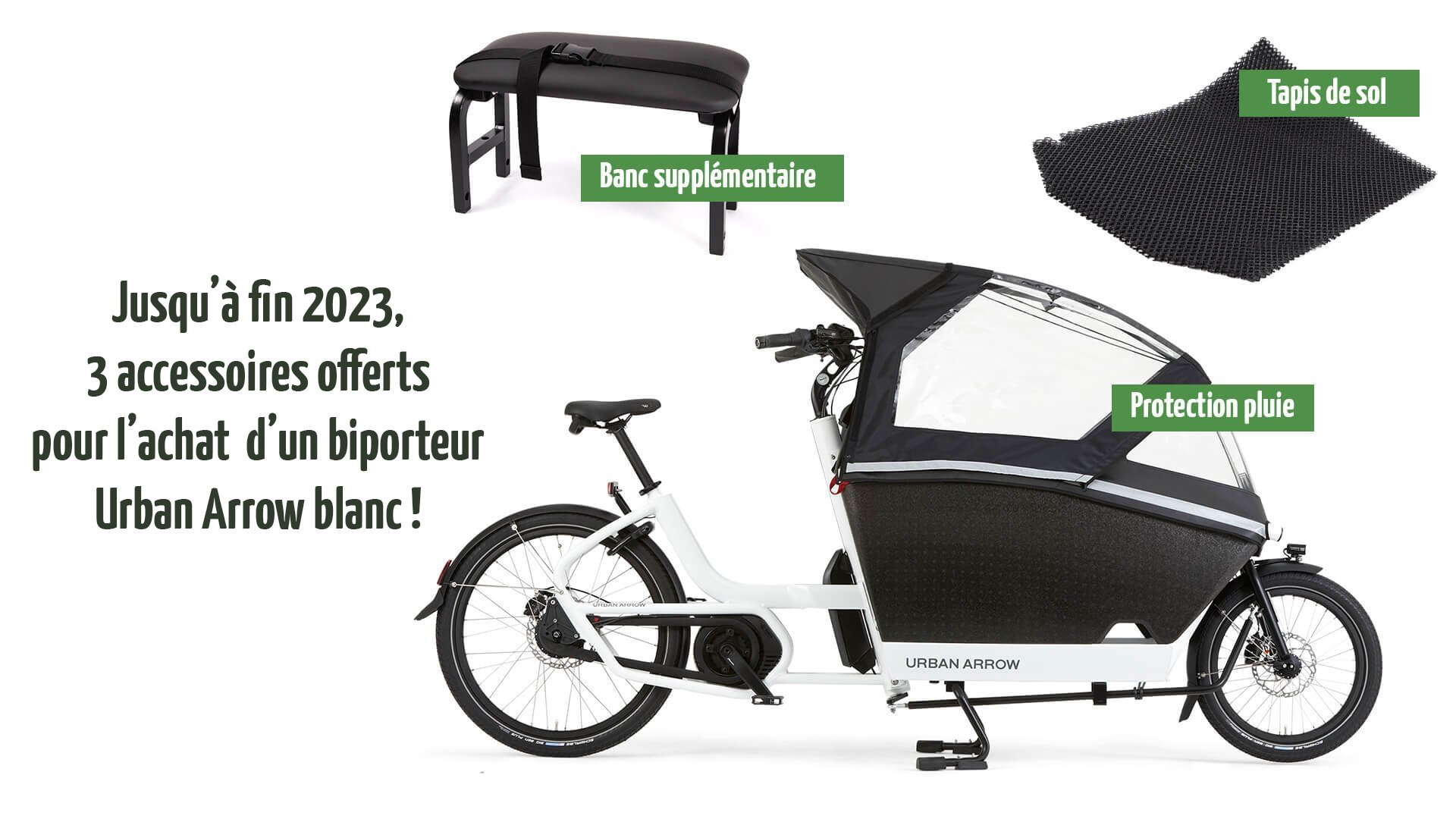 Biporteur Urban Arrow Family blanc motorisation Active Plus avec accessoires offerts