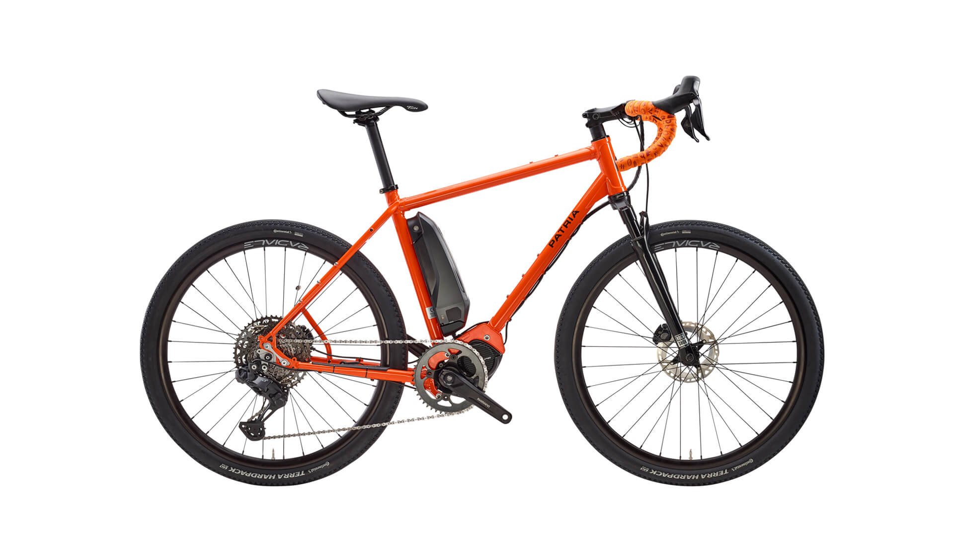 Tribos Hybrid avec couleur du cadre RAL 2009 (orange signalisation), fourche à suspension Rock Shox Rudy et boîte XT Di2 11