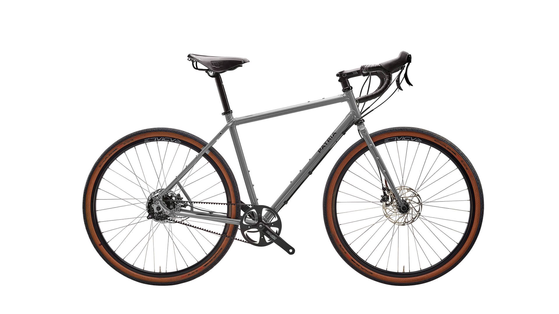 Vélo Gravel Tribos avec cadre Diamant couleur argent métallisé et transmission Rohloff 14 vitesses