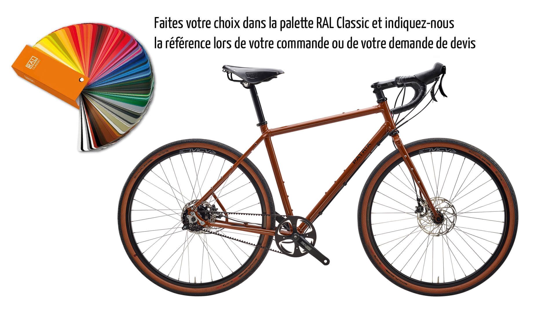Vélo Gravel Tribos avec cadre Diamant couleur RAL 8007 (brun fauve) et transmission Rohloff 14 vitesses