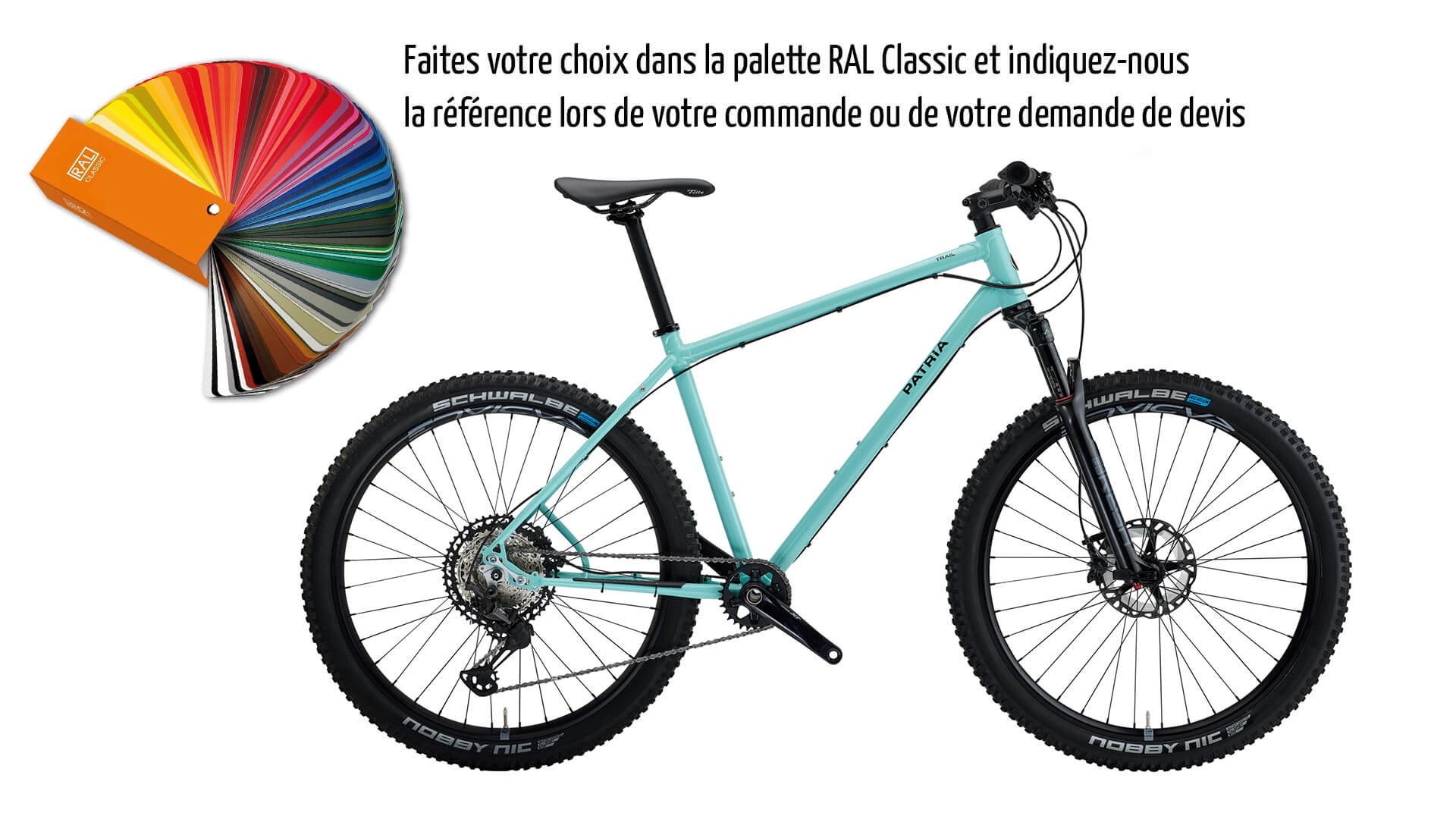 VTT MTB Trail avec cadre Diamant couleur spéciale RAL 6027 vert clair, transmission XT 1×12 & Nobby Nic 62-584