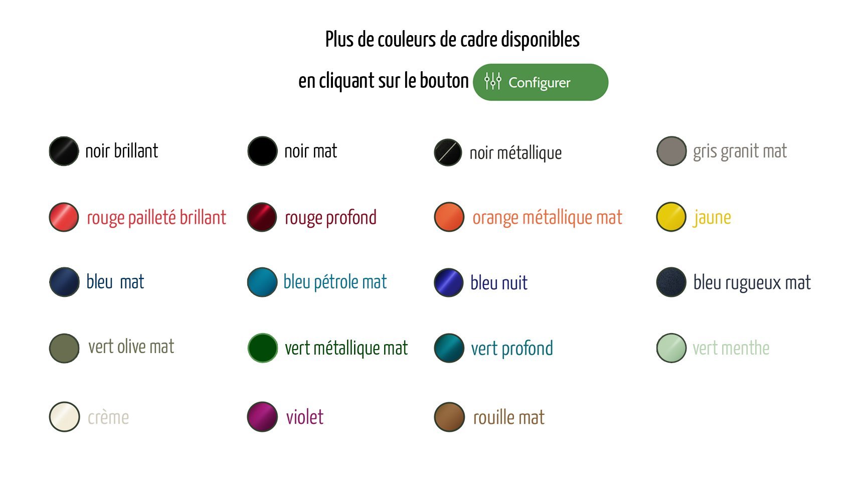 19 couleurs de cadre différentes à choisir dans le configurateur du vélo