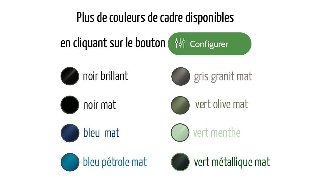 8 couleurs de cadre différentes à choisir dans le configurateur du vélo