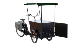 Triporteur commerce ambulant avec auvent personnalisé et sacoche sur porte-bagage arrière