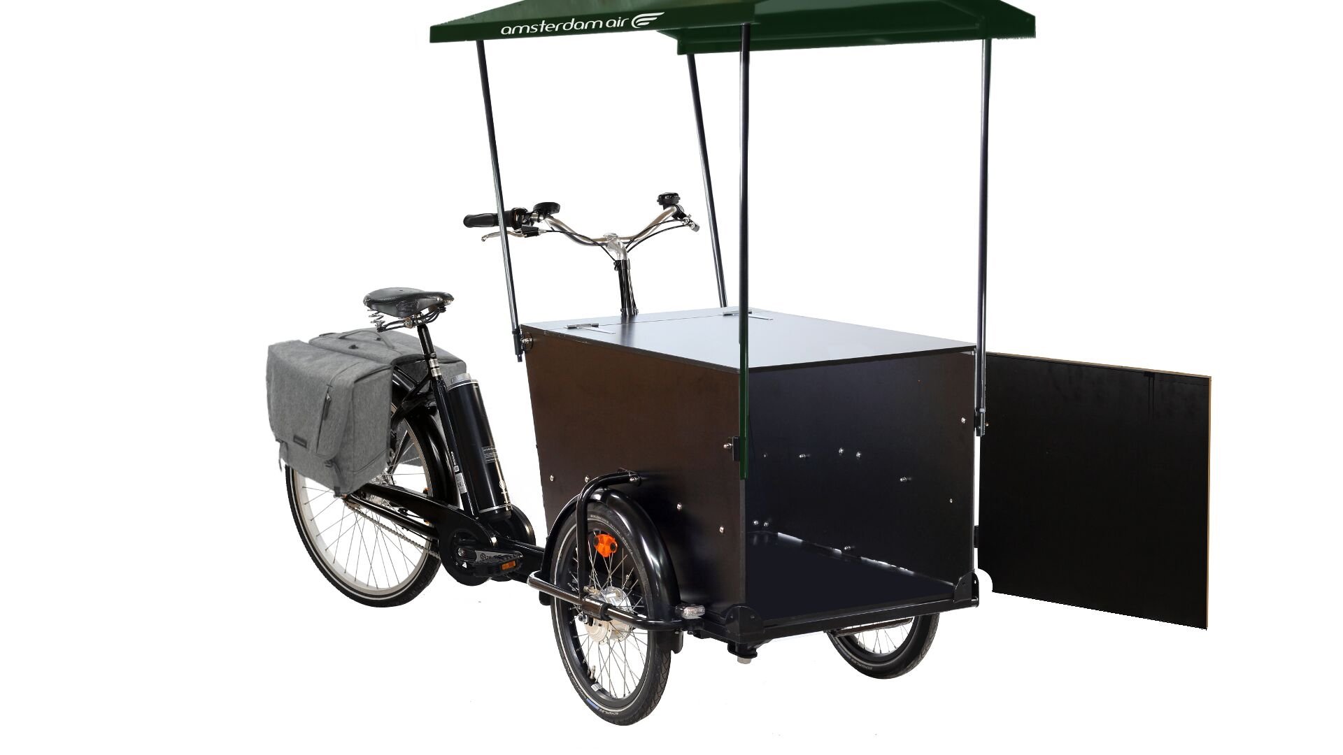 Triporteur commerce ambulant avec auvent personnalisé et sacoche sur porte-bagage arrière