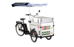 Triporteur commerce ambulant avec parasol carré personnalisé et coffre isotherme décoré