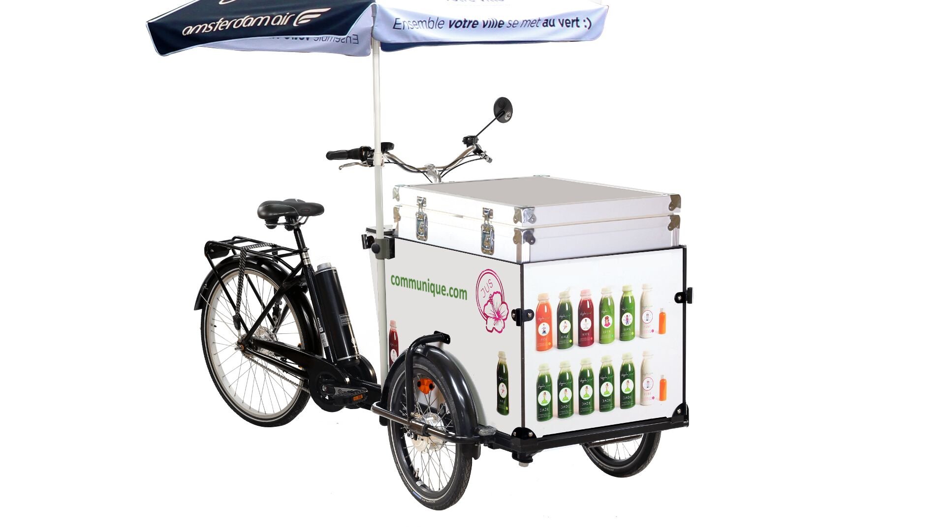 Triporteur commerce ambulant avec parasol carré personnalisé et coffre isotherme décoré