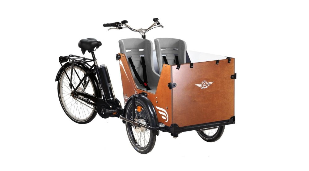 Triporteur électrique Smiley eDrive500 avec coffre miel et sièges coque 8-18 mois dans la caisse