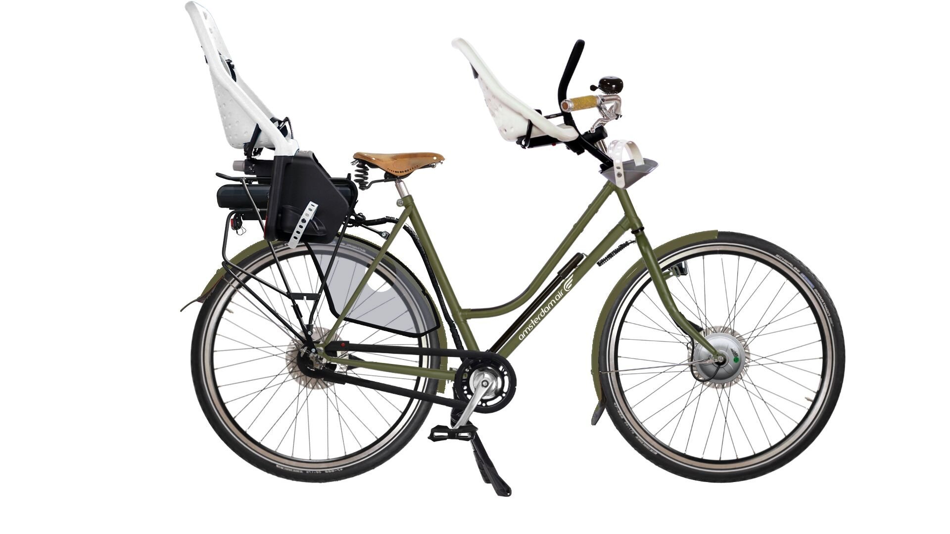 Street Low Premium électrique avec cadre vert olive, selle Brooks et sièges enfants à l'avant et à l'arrière