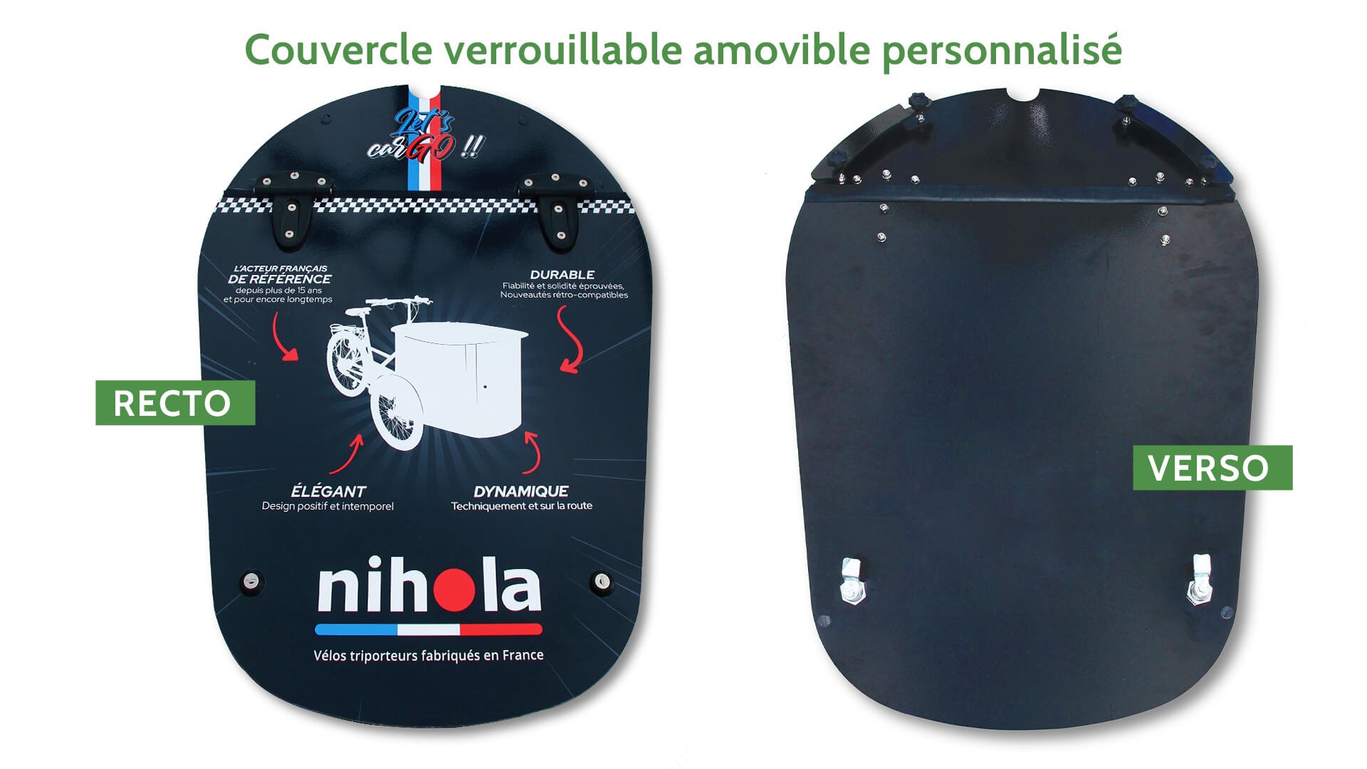 Vue recto verso du couvercle verrouillable amovible avec personnalisation