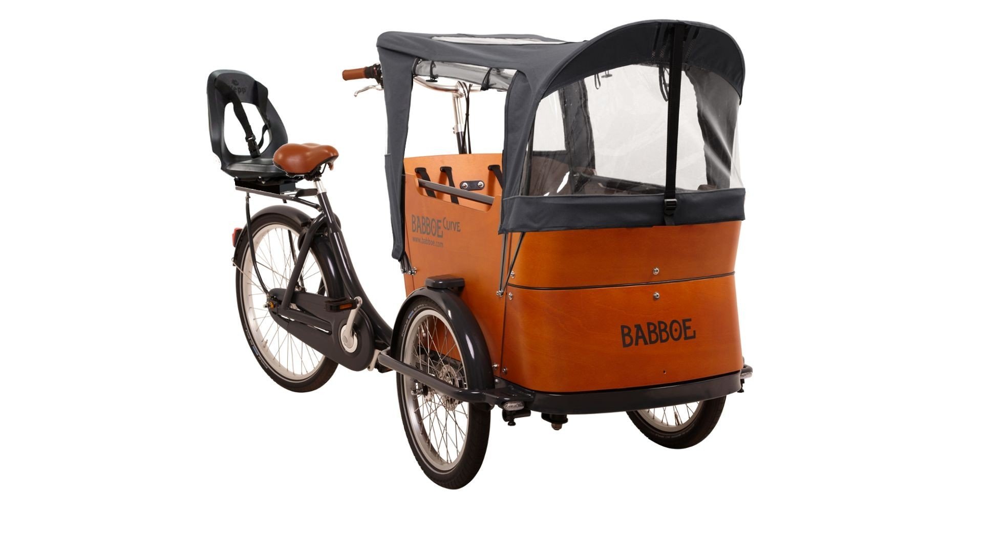 Triporteur Babboe Curve avec protection pluie et siège junior pour avoir une cinquième place