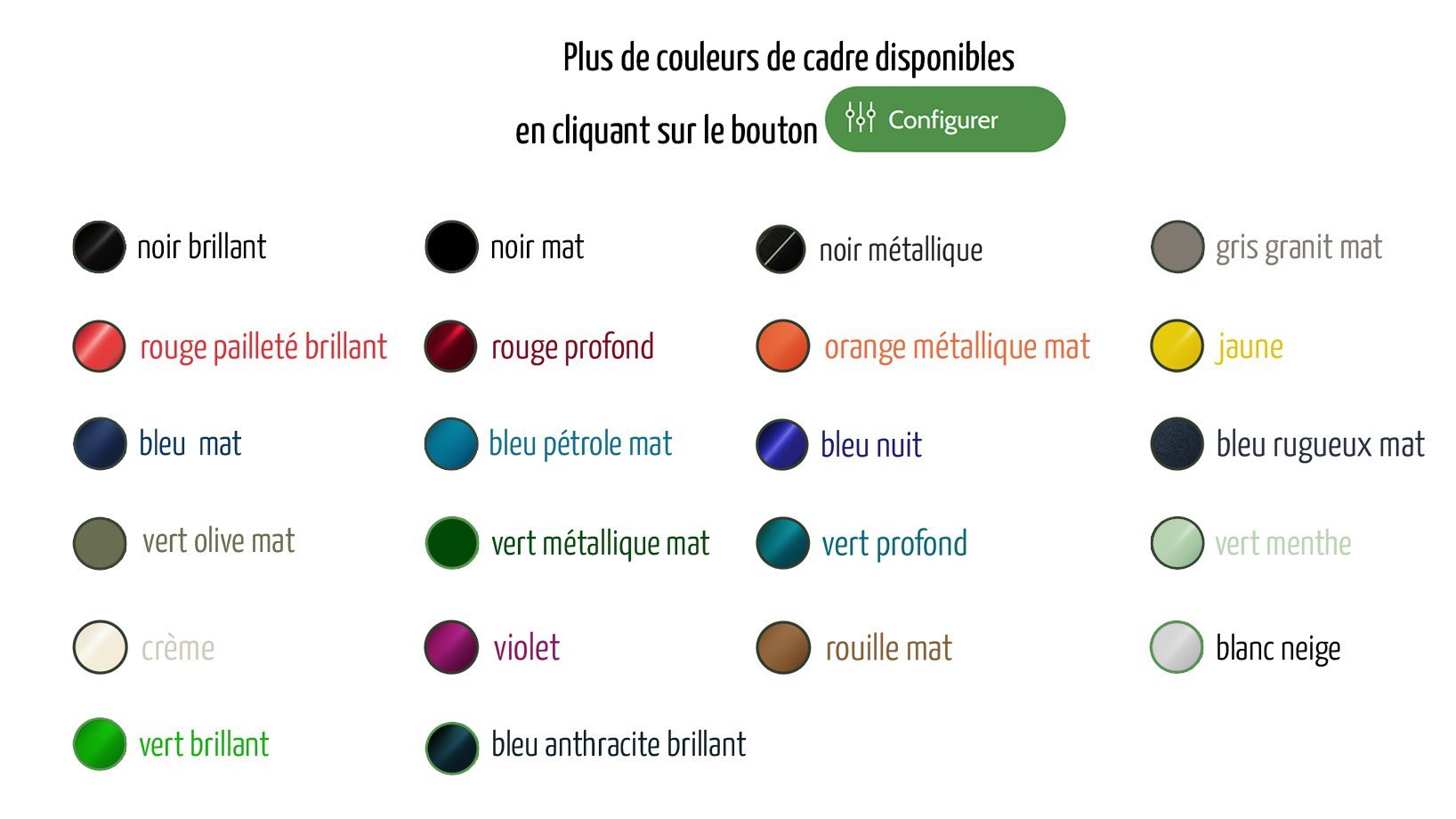 Les 22 couleurs de cadre disponibles sur ce modèle via le cnfigurateur