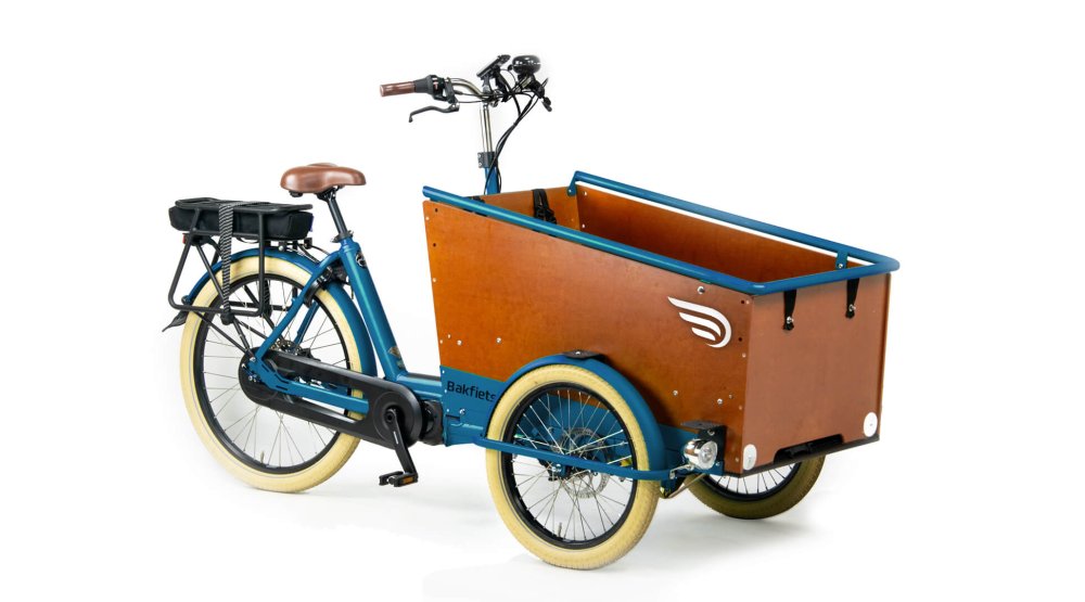 Triporteur électrique Bakfiets Confort STEPS avec cadre bleu pétrole
