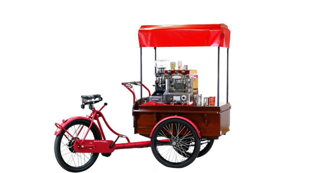 Triporteur vente ambulante taille M monovitesse avec options couvercle et aménagement café Triporteur vente ambulante taille M monovitesse avec options couvercle et aménagement café
