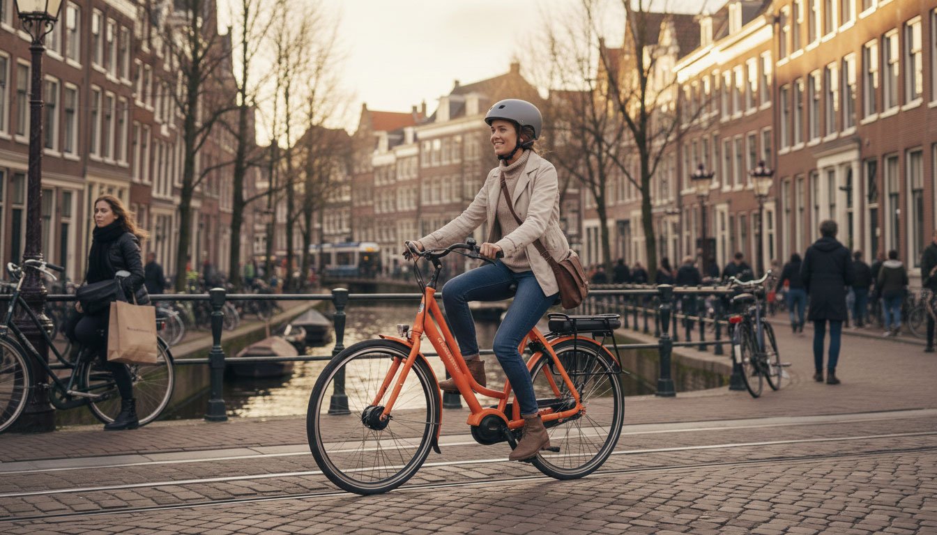 VAE hollandais Flevoland avec cadre aluminium noir brillant et moteur pédalier Shimano E-Bike Systems