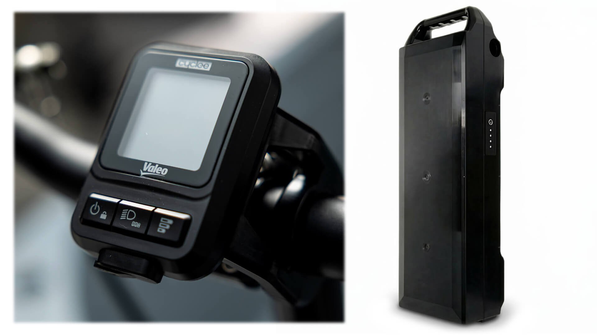 La console Valeo View Plus sur le guidon et la batterie 1240 Wh