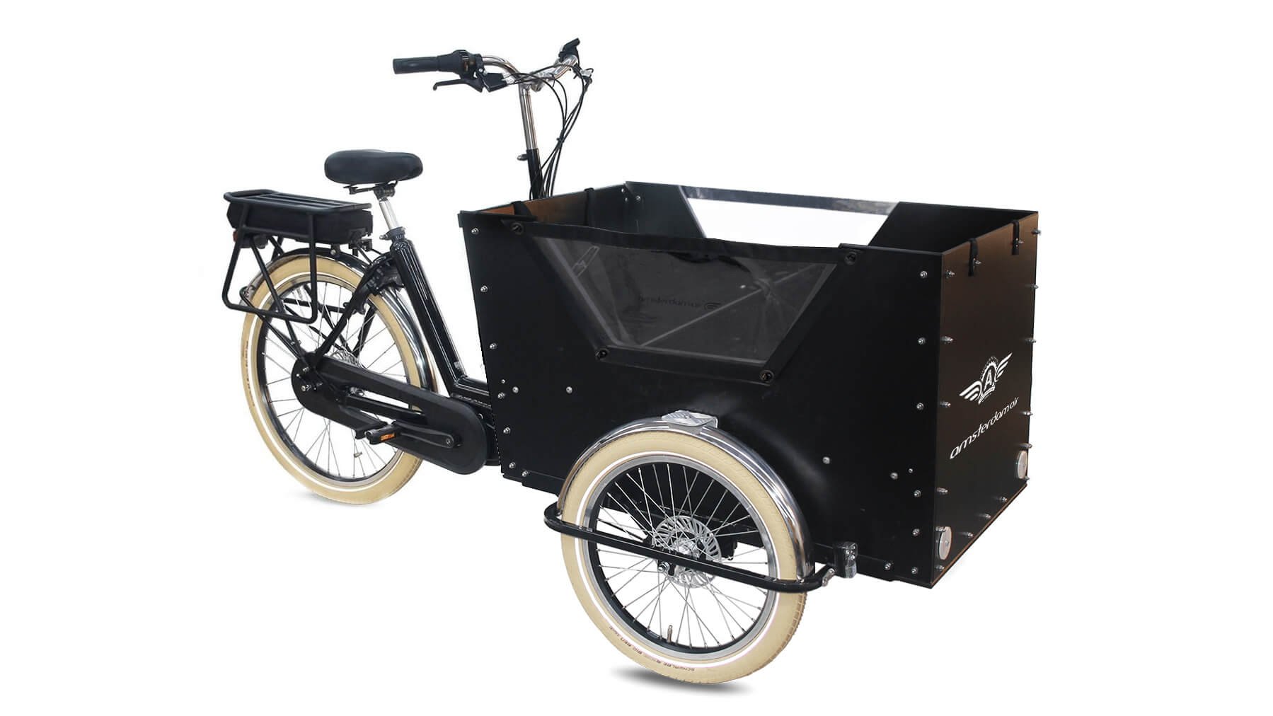 Le triporteur Amsterdam Air eDrive avec coffre enjambement bas (voir accessoires complémentaires)