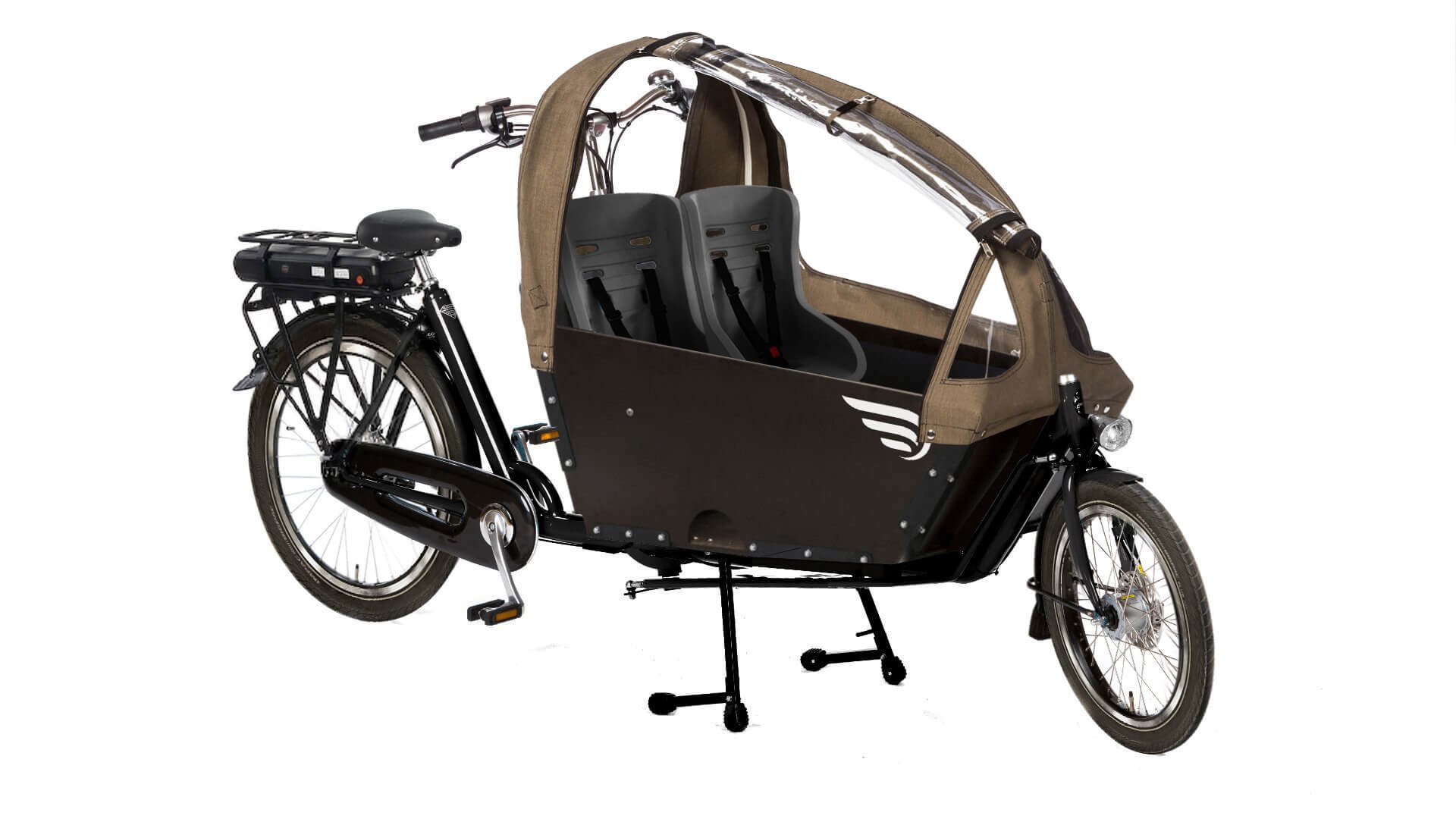 Biporteur avec sièges coques et protection pluie en tissu déperlant tweed