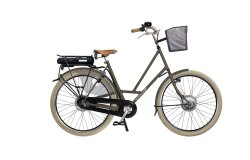 City Zen électrique avec cadre gris granit mat et panier acroché à la potence 