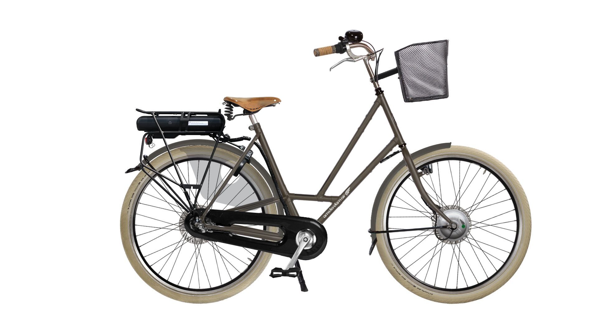 City Zen électrique avec cadre gris granit mat et panier acroché à la potence 