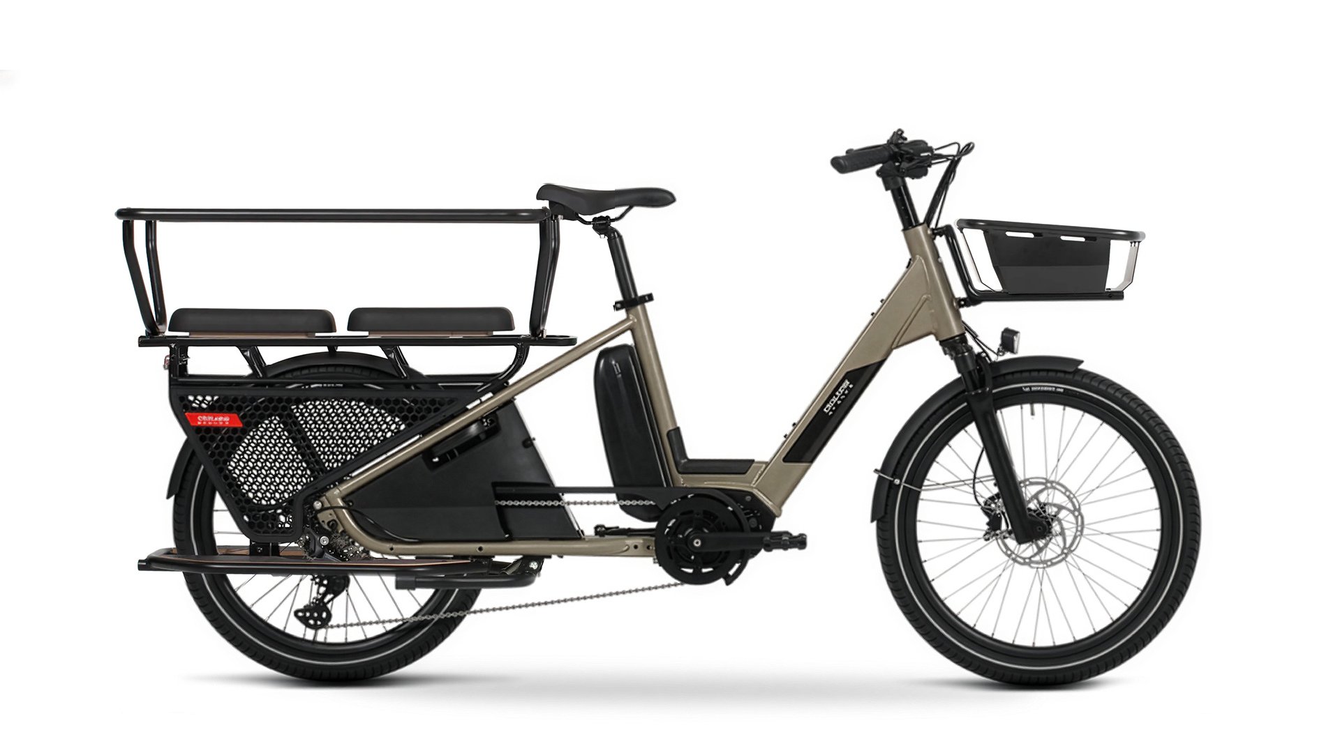 LT24 avec cadre gris olive, motorisation Bafang et accessoires en option (panier Wide ST-LT, side-tube, coussins)