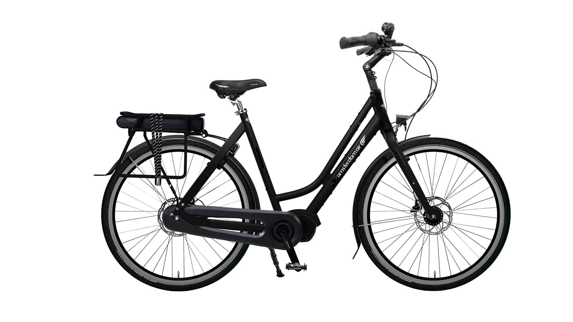VAE hollandais Flevoland avec cadre aluminium noir brillant et moteur pédalier Shimano E-Bike Systems