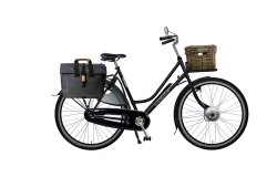 Epure Low électrique avec cadre noir mat, malle sur le porte-bagage avant et sacoche sur le porte-bagage arrière