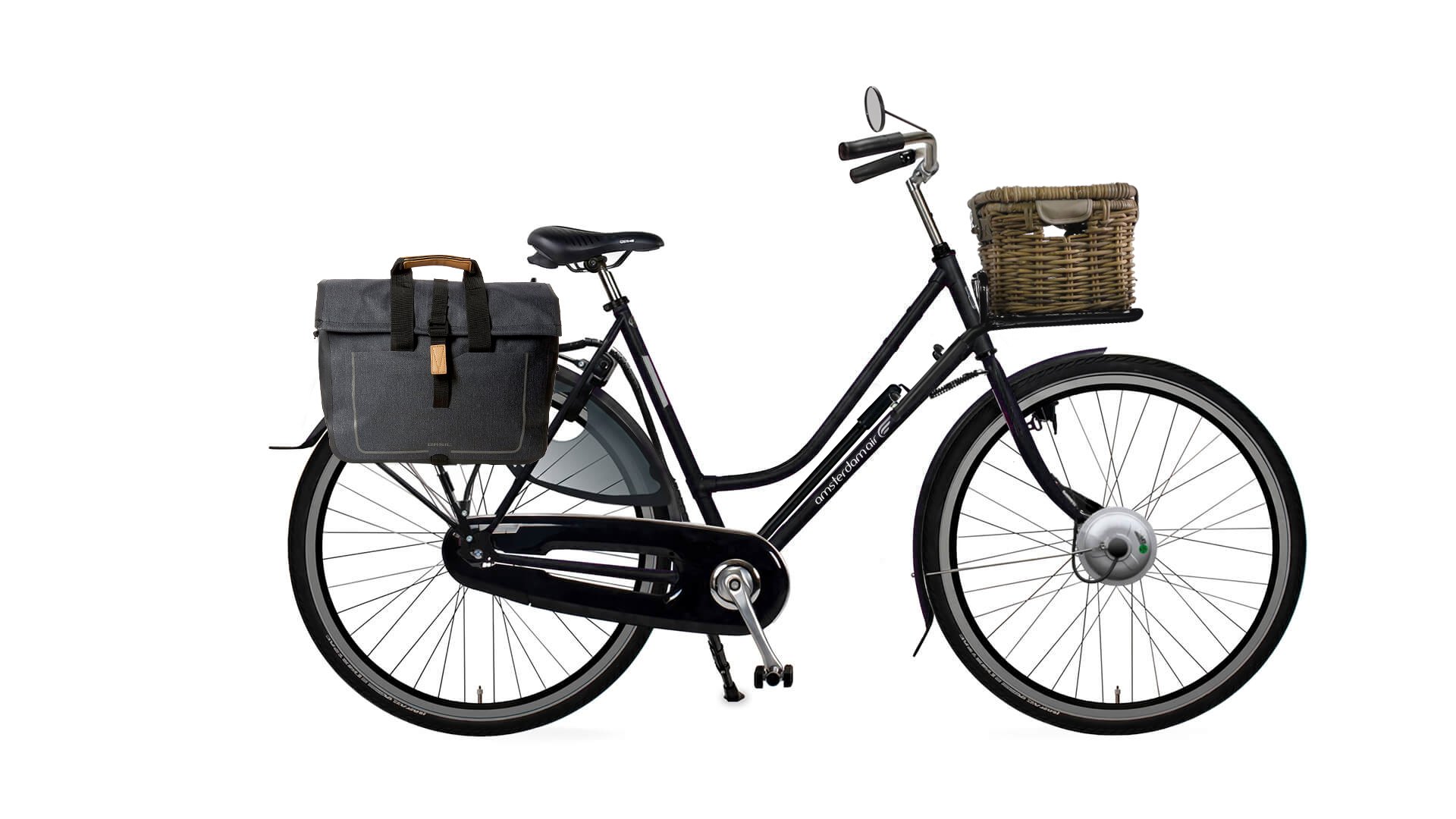 Epure Low électrique avec cadre noir mat, malle sur le porte-bagage avant et sacoche sur le porte-bagage arrière