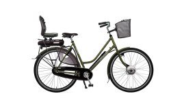Epure Low électrique avec cadre vert olive, panier sur potence et siège enfant Yepp Budget