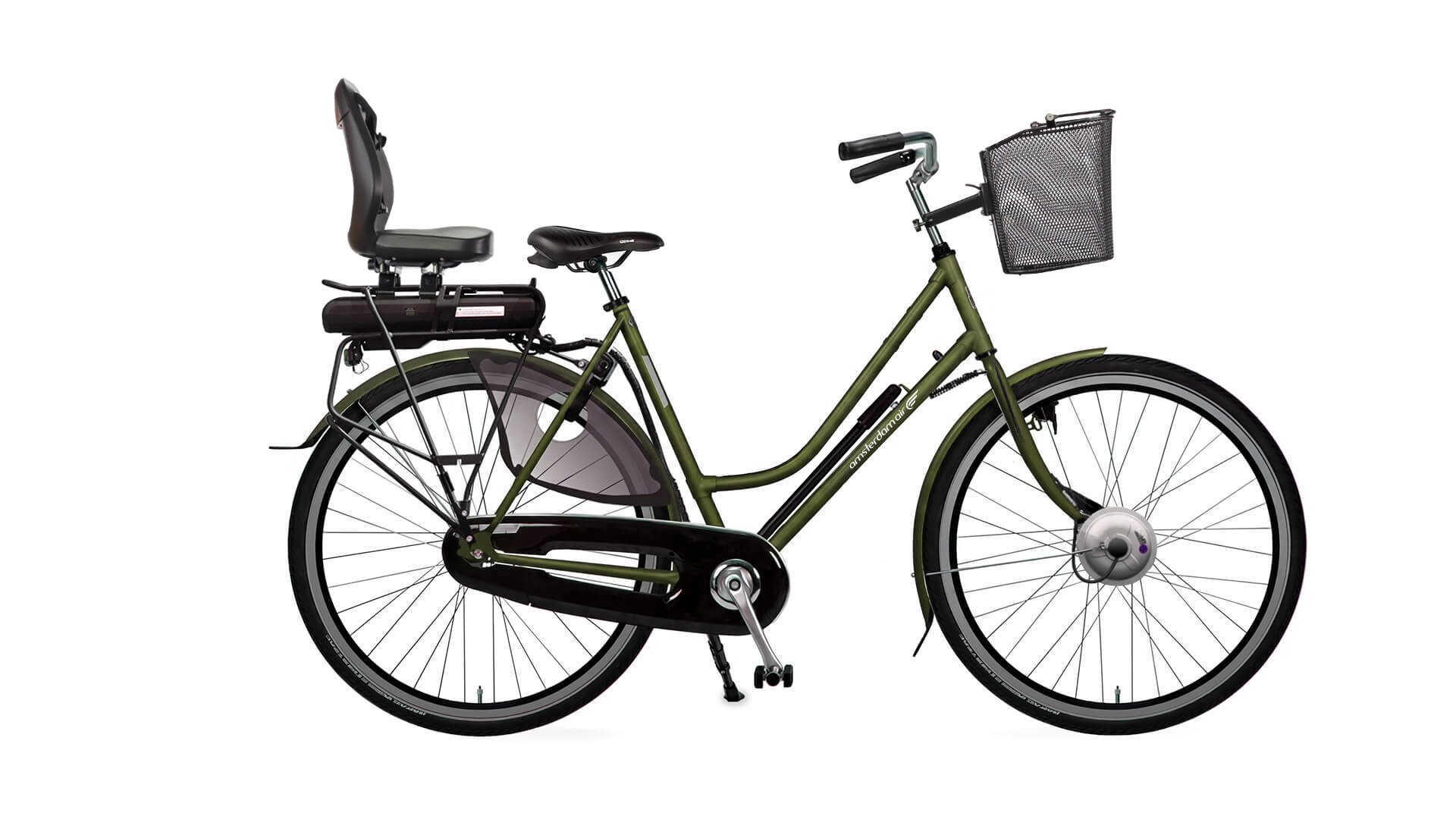 Epure Low électrique avec cadre vert olive, panier sur potence et siège enfant Yepp Budget