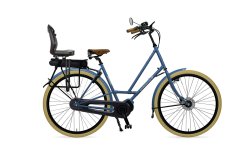 Vélo électrique City Zen avec cadre bleu , siège enfant à l'arrière et rétroviseur