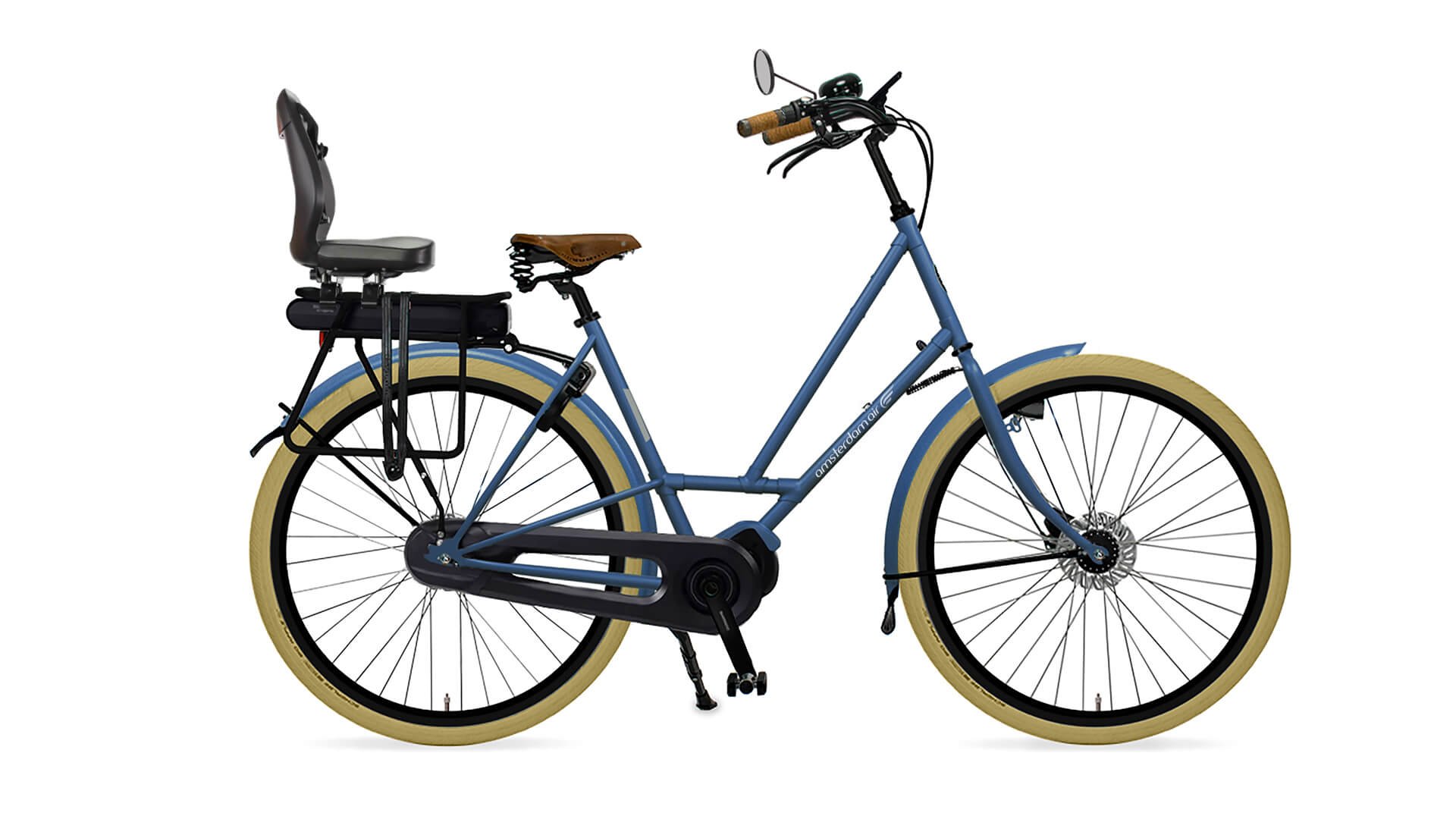 Vélo électrique City Zen avec cadre bleu , siège enfant à l'arrière et rétroviseur