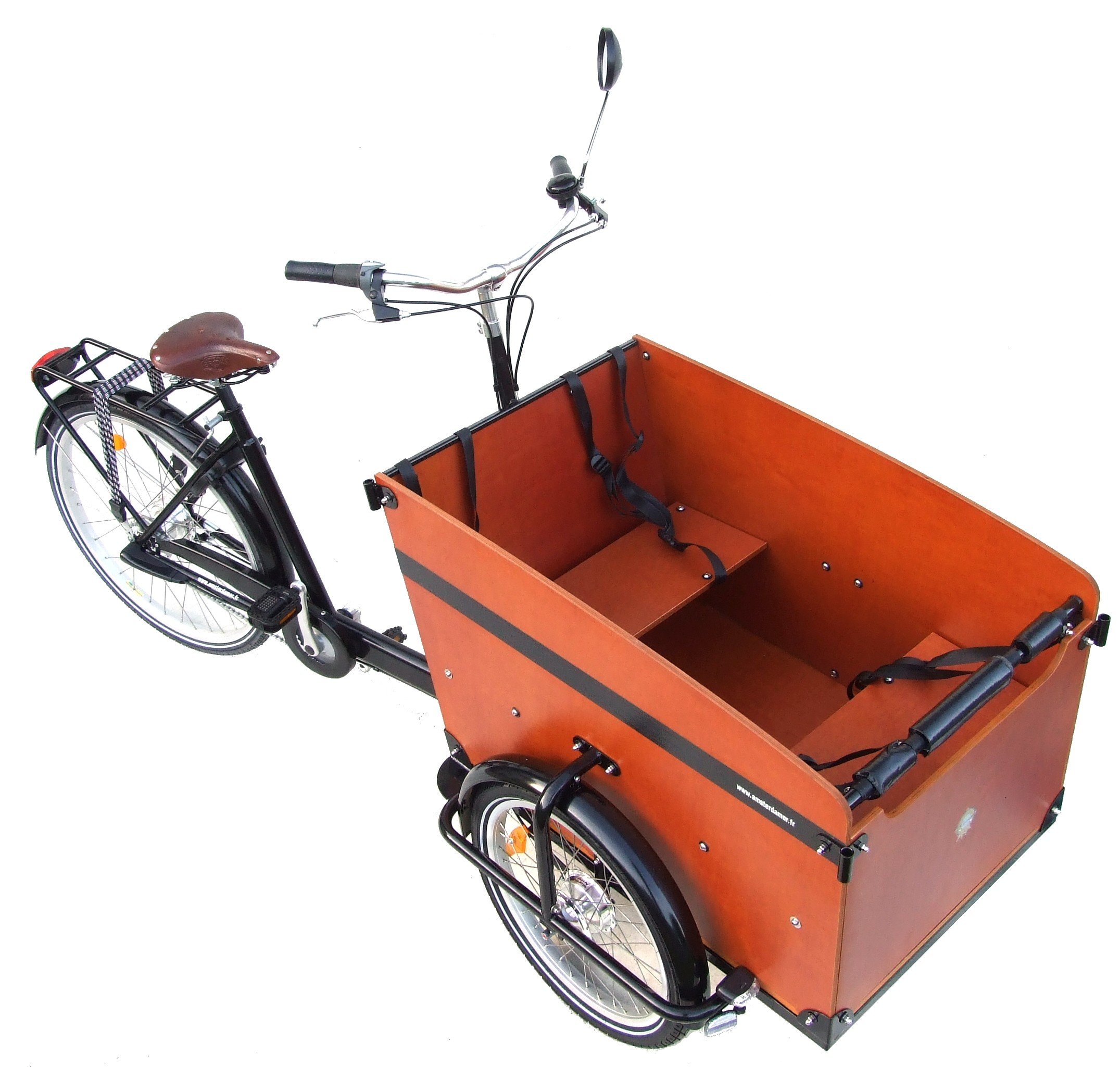 Triporteur Babboe Big électrique vu de haut avec les 2 bancs visibles pour 4 enfants