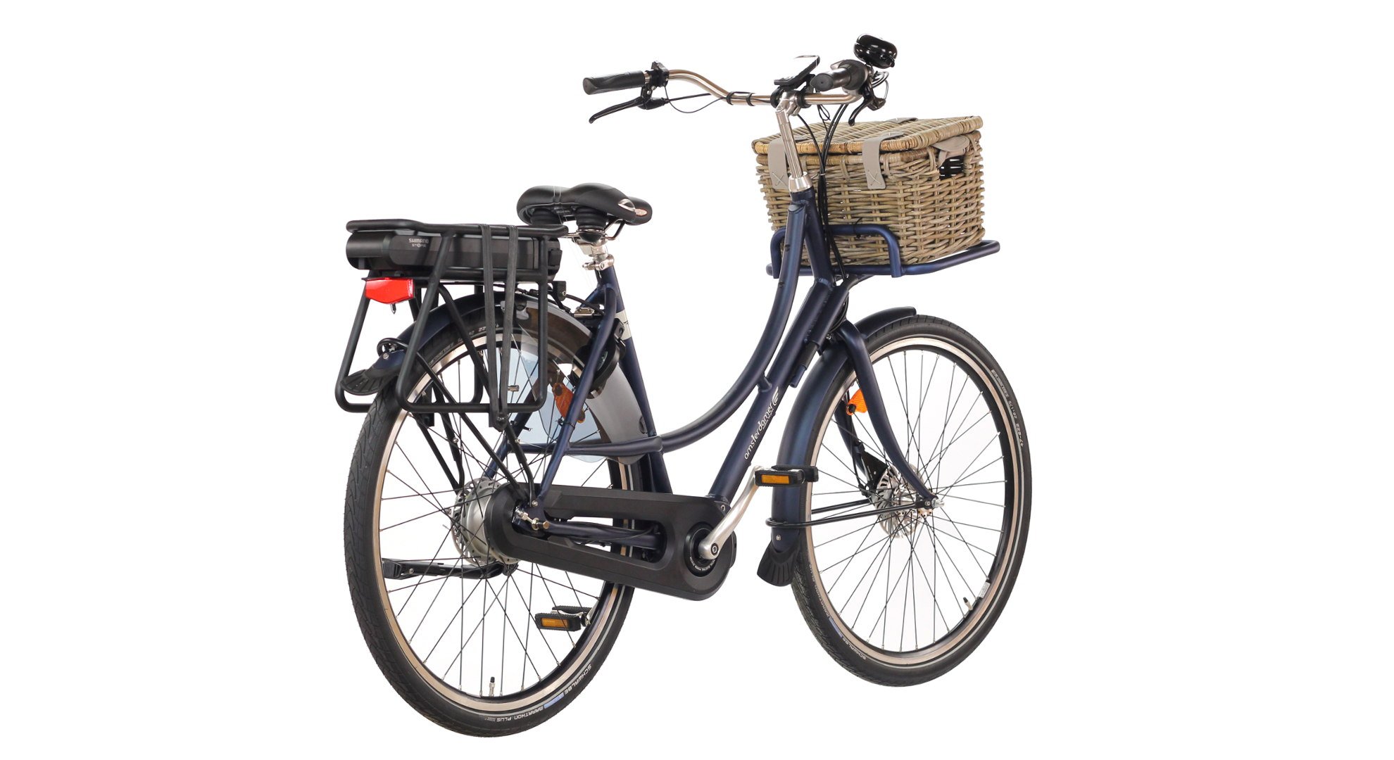Vélo électrique Amsterdam Air Double Dutch bleu mat avec moteur pédalier, cadre aluminium et porte-bagage avant 